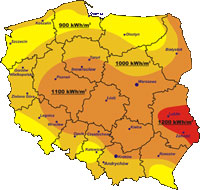 Mapa natężenia energii słonecznej w Polsce.